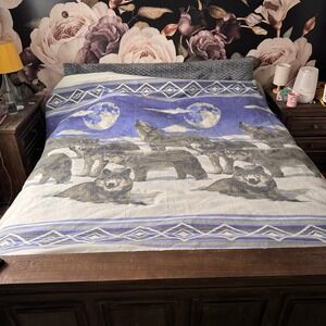 Wolf Pack Moon King 102x90 Blanket Polyester VTG USA NOS Southwest Purple Blue
